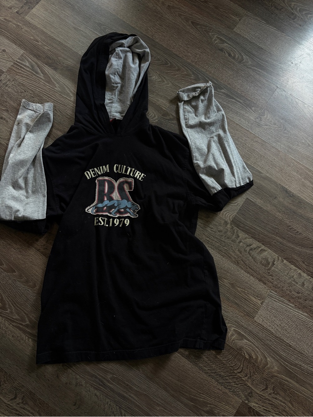 Black Hooded Tee with Gray Sleeves and 'Denim Culture' Graphic